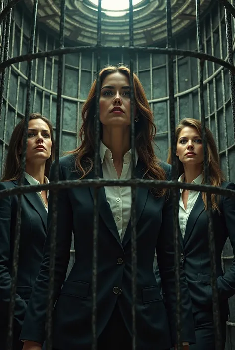 three smart sexy sassy office woman in their thirties inside the cylindrical round cross-latticed man-high steal cage, smartly dressed with makeup, look through the bars of their cage in the cellar, with terrorized and begging smile and look at you, POV 