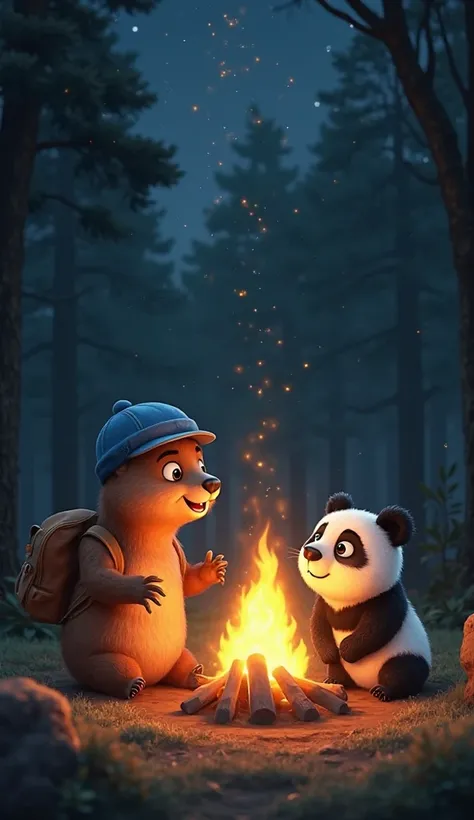 Scene 4: The Campfire
Image Prompt 6:

Characters: The Capybara wearing a blue cap and a tiny brown backpack and the baby panda huddle beside a flickering campfire. The Capybara gestures animatedly as it tells a story, while the panda listens with wide, cu...