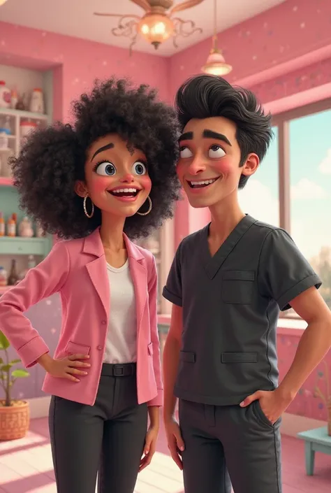  two friends , a woman with curly and black hair, wearing black pants and a pink blazer. big eyes, Thick lips and a man in black surgical pajamas.  Fluffy black hair big eyes full eyebrows. And in the background a pastel pink nail studio with mint green. T...