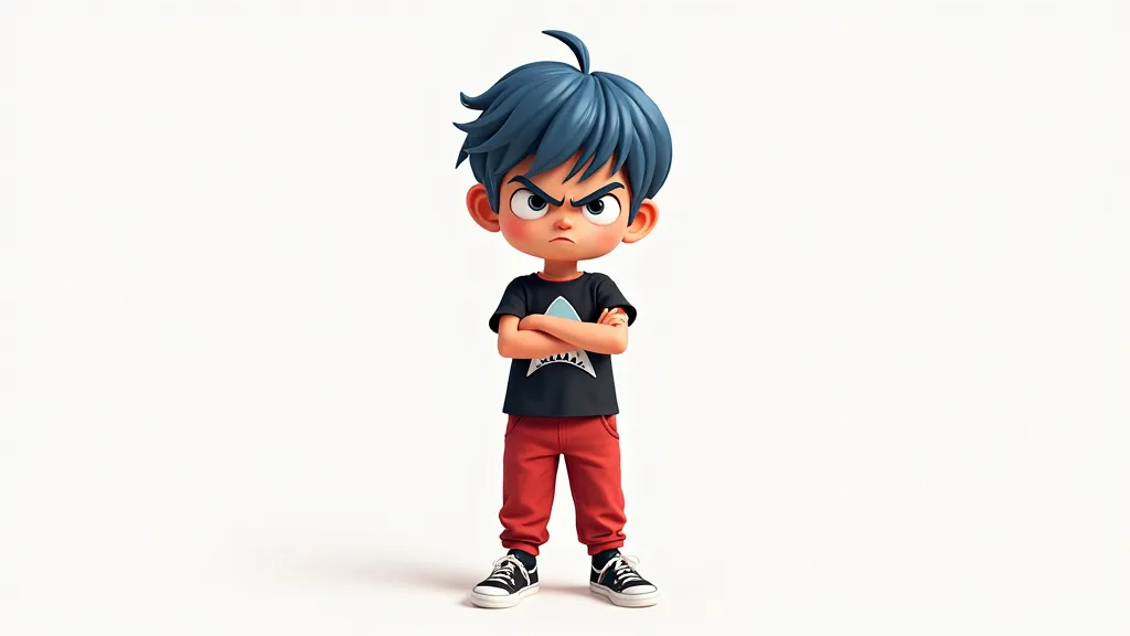 Minimalist Pixar-style character, young and slim, standing with arms crossed and an angry expression. Maintain all details exactly as in the reference image: same proportions, smooth facial features, and identical hairstyle (straight, blue, slightly messy ...