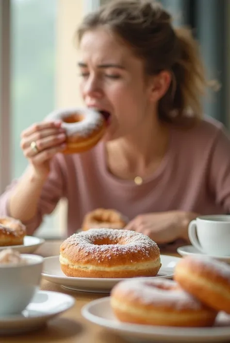  A close-up of a breakfast table with sugary foods like donuts, pastries, and sugary cereals. In the foreground, a person takes a big bite of a donut, but their face looks slightly tired, as if the sugar is making them sluggish. The background is bright an...