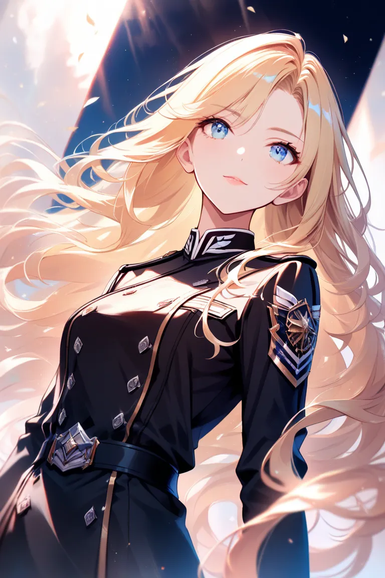 woman, twenty-five year old, solo,
beautiful blonde hair, wavy long hair,
clear light blue eyes, 
black military uniform, 
front angle,
gorgeous, confidence, pride,
masterpiece, best quality, very beautiful, very detailed, 