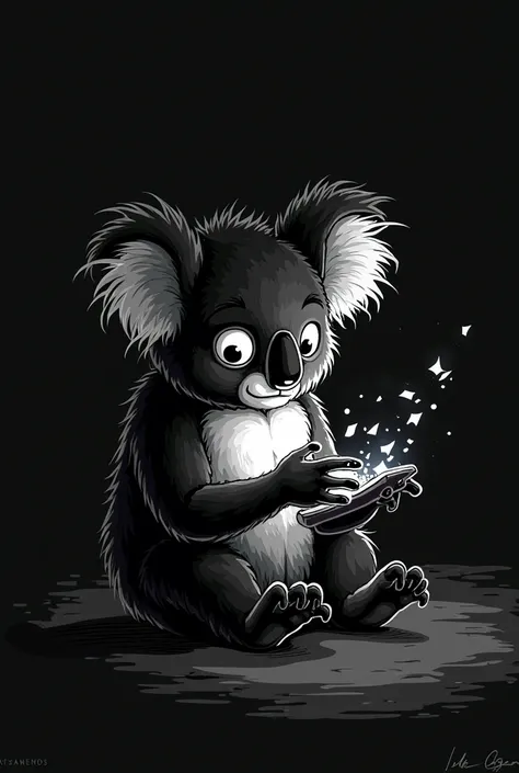 A KOALA DIFFERENT FROM REALITY THAT IS VERY ANIMATED LIKE ANIMATE COLORS IN WHITE AND BLACK ONLY OUTLINES OR IMAGES ONLY IN STROKES IN A FULL BLACK ROOM PLAYING A SHOTER GAME ON A MOBILE PHONE OR TELEPHONE. I don't want full body , IT WOULD BE GREAT ONLY U...