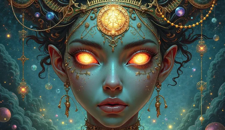 a detailed mystical illustration with astrological and alchemical symbols depicting:) a  with glowing eyes where the memories of ancient civilizations are reflected.