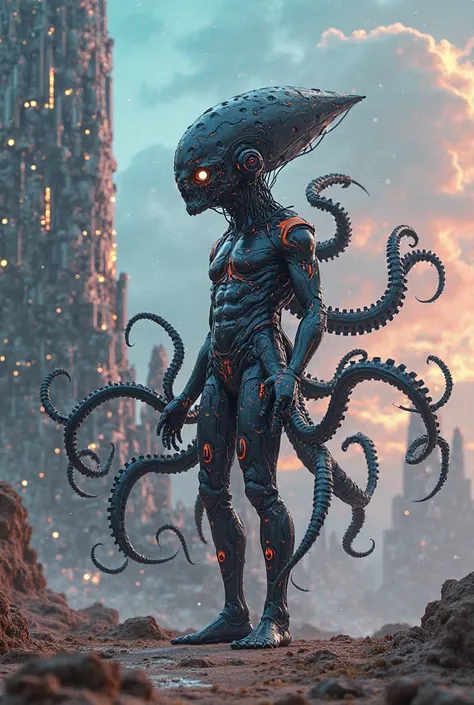 octopus human body ,  Whole body,  in a dystopian futuristic environment , like another planet , dystopian futuristic environment with artificial intelligence colors. in High Resolution