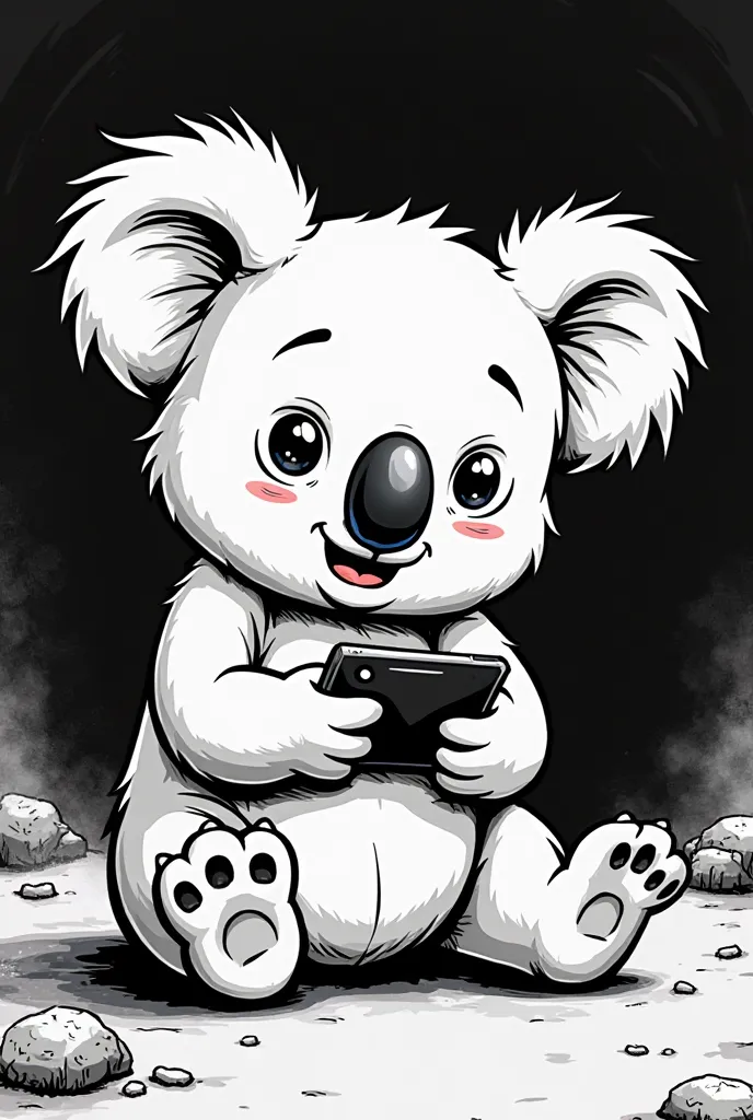 A KOALA DIFFERENT FROM REALITY THAT IS VERY LIVELY LIKE ANIME BUT THAT IS FOR US FURRY THAT YOU DON'T NOTICE INDIVIDUAL HAIRS COLORED IN WHITE AND BLACK ONLY OUTLINES OR IMAGES ONLY IN STROKES IN A FULL BLACK ROOM PLAYING A SHOTER GAME ON A MOBILE CELL PHO...