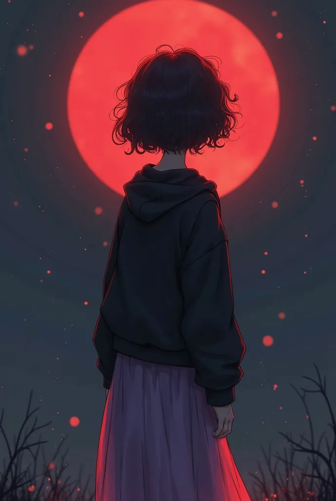 Make a skinny girl with short curly hair 2b,with a black sweatshirt and a long skirt that is slightly sheer lilac,with her looking at a red moon in the dark sky,Looking at the Moon with my back to the camera 