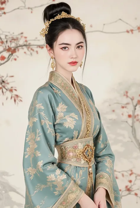 (masterpiece), Chinese brush painting, breathtaking ancient woman, (priest dress), (elegant full body pose), (frontal view), highlighted intricate details, vibrant ink strokes, harmonious color palette, showcasing grace and beauty, winning award quality, (...