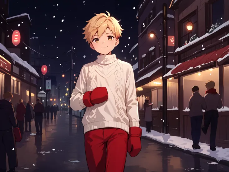 score_9_up, score_8_up, score_7_up, 1boy, solo, source_anime, young boy, , ((sfw, rating: general)) BREAK
Red knite, blond hair BREAK
White sweater, long sleeves, red mittens, red pants BREAK
Closed mouth, smile, standing, looking at viewer, falling sn...