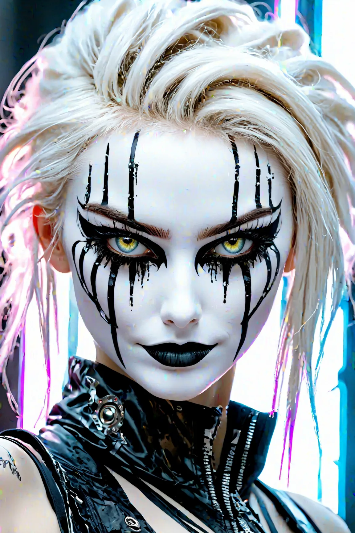 anime artwork, commercial portrait, (full body shot:1.6), cyberpunk style, 1girl, white face paint, black bleeding mascara, perfect anatomy, posing for the camera, stunningly beautiful, perfect face, glowing eyes, intricate details, ultra-realistic, high s...