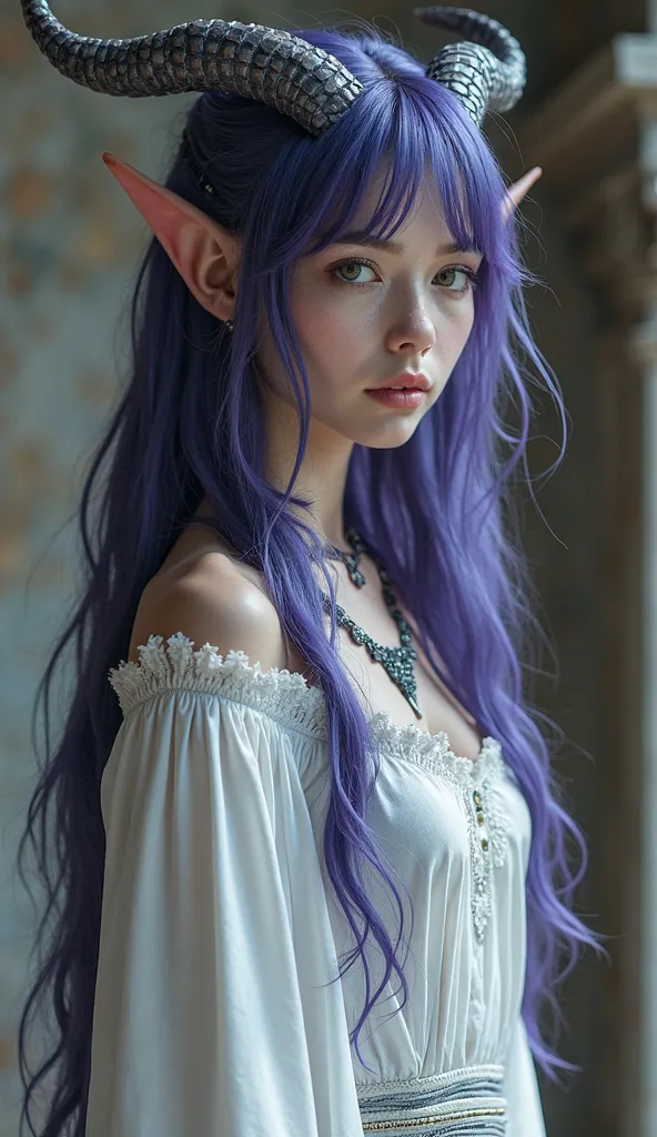 Daughter of a Draconate and an Elf,  dark purple hair, blue scales on the body and face, long white medieval dress,  Dragon Horns,  gray eyes, adult, Claws with three fingers, pointy ears, white woman 