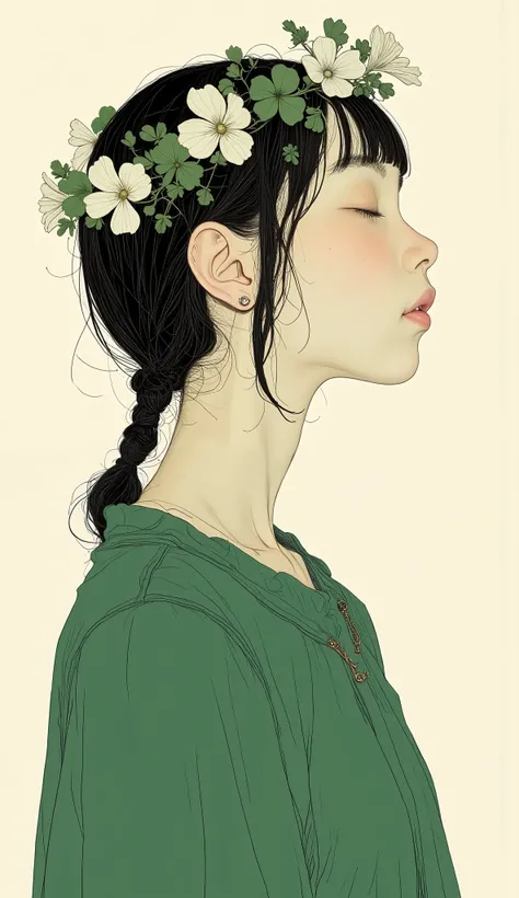 teeth、depicts a girl wearing a green dress with her eyes closed, A flower crown woven with clovers、profile、Minimalistic painting by Yoshitomo Nara, Tumbler, それteeth何ですか?, Nara Yoshitomo, shinsui ito, sui ishida, kaoru mori, Yaoi Kasuma , Kurumada Masami, ...