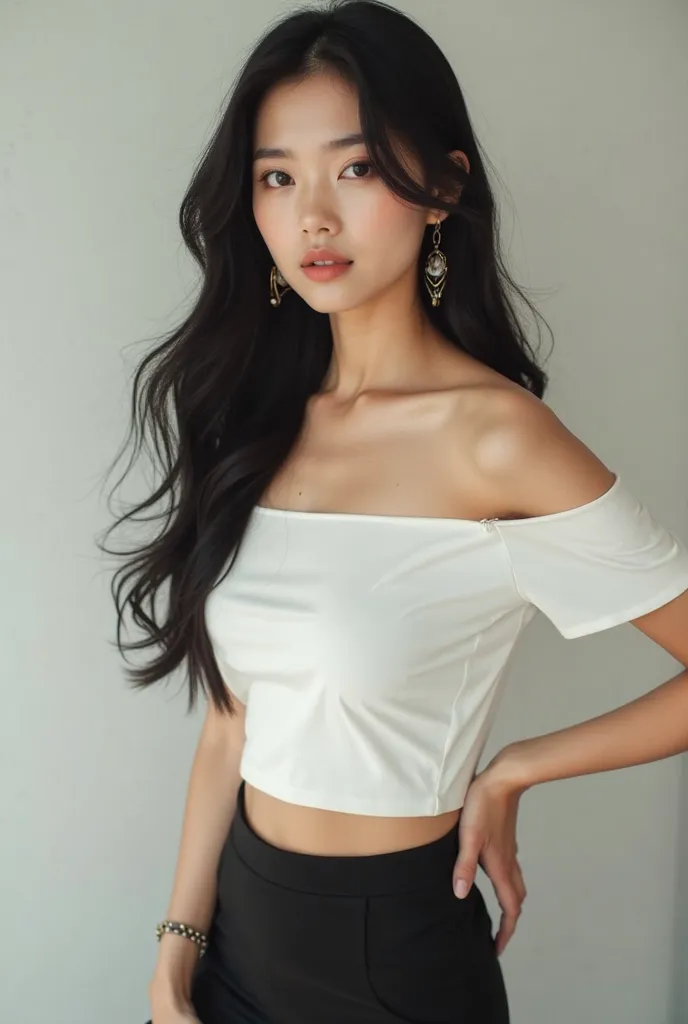 orean  girl with flawless milky skin that glows under the light. Her long, silky black hair cascades down her back, perfectly complementing her chic outfit. She wears a crisp white crop top that highlights her slender frame, paired with a short black skirt...