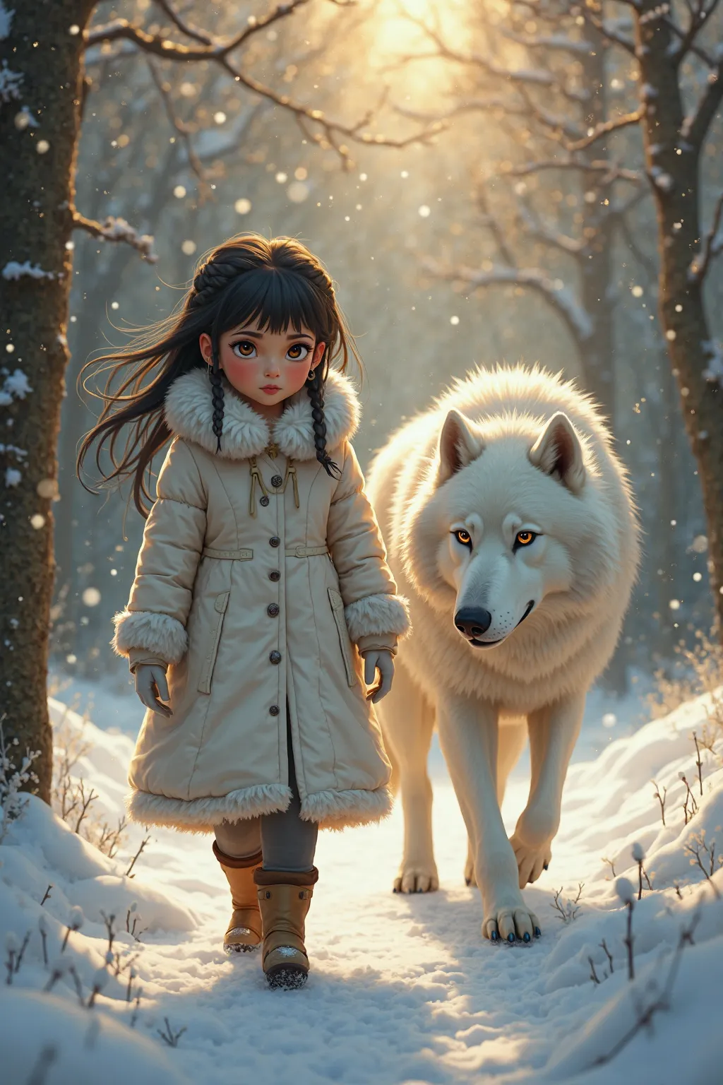 Impressive image of a  girl wearing a white fur coat, white gloves, black hair, determined eyes, 10 yrs old, lanky,  half Native American heritage,  half Irish heritage walking with a big white wolf in a forest with falling snow and golden sunlight.