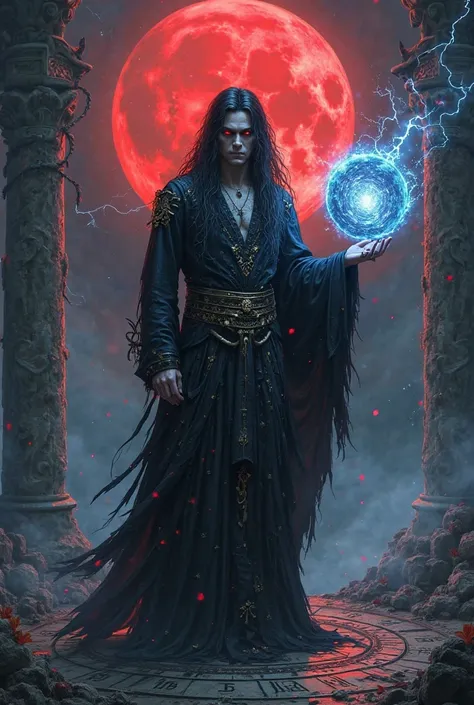 

Image Prompt:
“A dark and mysterious male sorcerer standing in a ruined temple under a blood-red moon. He has long, flowing black hair, pale skin, and glowing red eyes filled with arcane knowledge. His robes are tattered yet elegant, embroidered with anc...