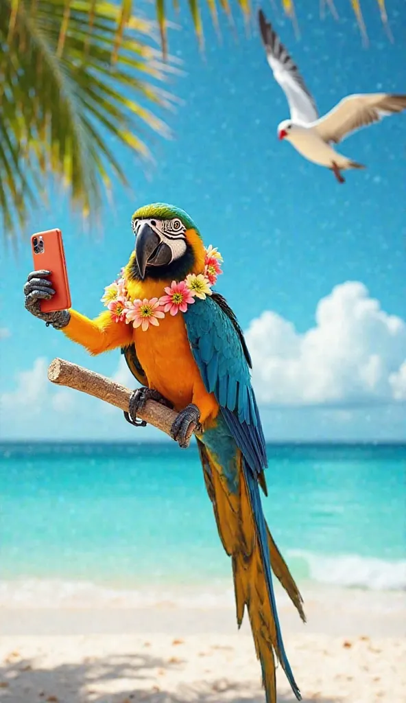 A vibrant blue and yellow parrot wearing a flower necklace holds a smartphone with a claw, posing for a selfie while perched on a coconut tree leaning over white sand.  the crystal clear sea reflects the blue sky , And seagulls fly in the background . The ...