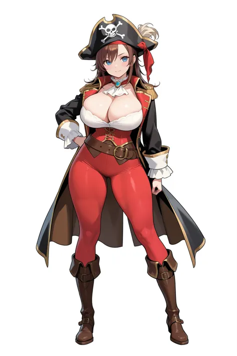 High quality, HD, girl,  blue eyes, brown hair, big boobs,  perfect body, perfect thighs, pirate hat, pirate outfit, full body, (( white background))