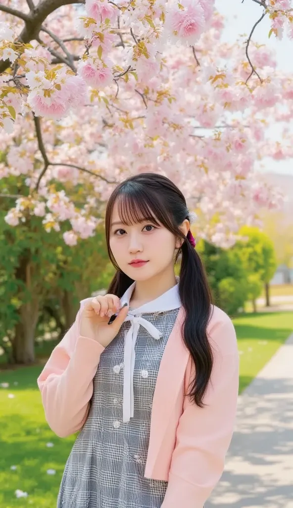 A Japanese high school girl standing under a cherry blossom tree, surrounded by falling cherry blossom petals. She is wearing a cardigan, a shirt, and a checkered skirt. The sunlight filters through the branches, casting a soft glow on her face. Her hair i...