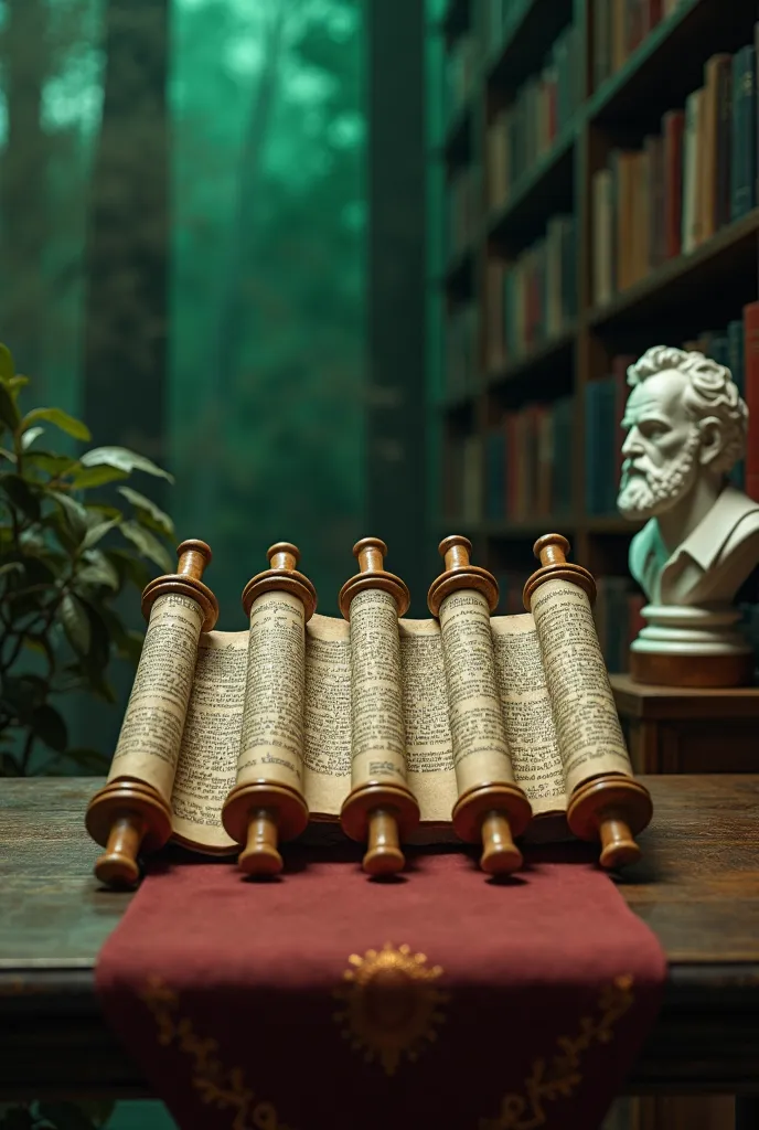 Five (5) Ancient Jewish Torah scrolls with wooden handle, used in the Tabernacle and the Temple of Jerusalem. They are on the table the scene evokes reverence and spirituality. The colors of the ultra realistic 8k composition are red and emerald green, in ...