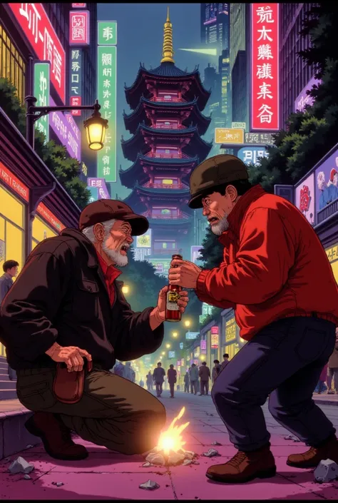 inspired by Andrew Warhola//Silkscreen Art //1980s movie poster/AKIRA//Kyoto in the near future/A five-story pagoda towering over a neon-lit cityscape//Two drunk old men are fighting over a one-sho bottle//