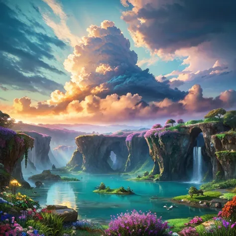 baptism,Baptism,Garden of Eden,Colorful,Dreamy landscape, cloud, light piercing through the cloud, Reflection on the surface of the water, Gentle waterfall,flower々, flower ,Quiet atmosphere, Richness in details, Surreal beauty, Magical Aura, Fantasy Landsc...