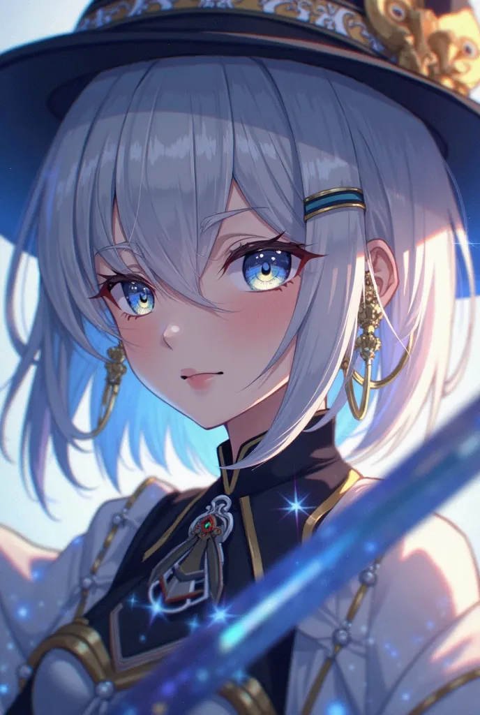 a close up of a person with a hat and a sword, a picture by Yang J, pixiv contest winner, rococo, from arknights, ayaka genshin impact, beautiful celestial mage, nightcore, keqing from genshin impact, genshin impact character, genshin, azur lane style, gra...