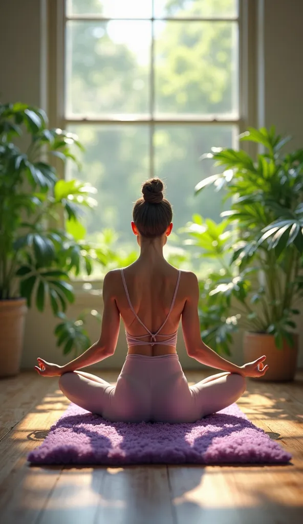 Woman practicing yoga on a purple yoga mat, in a room decorated with plants.
