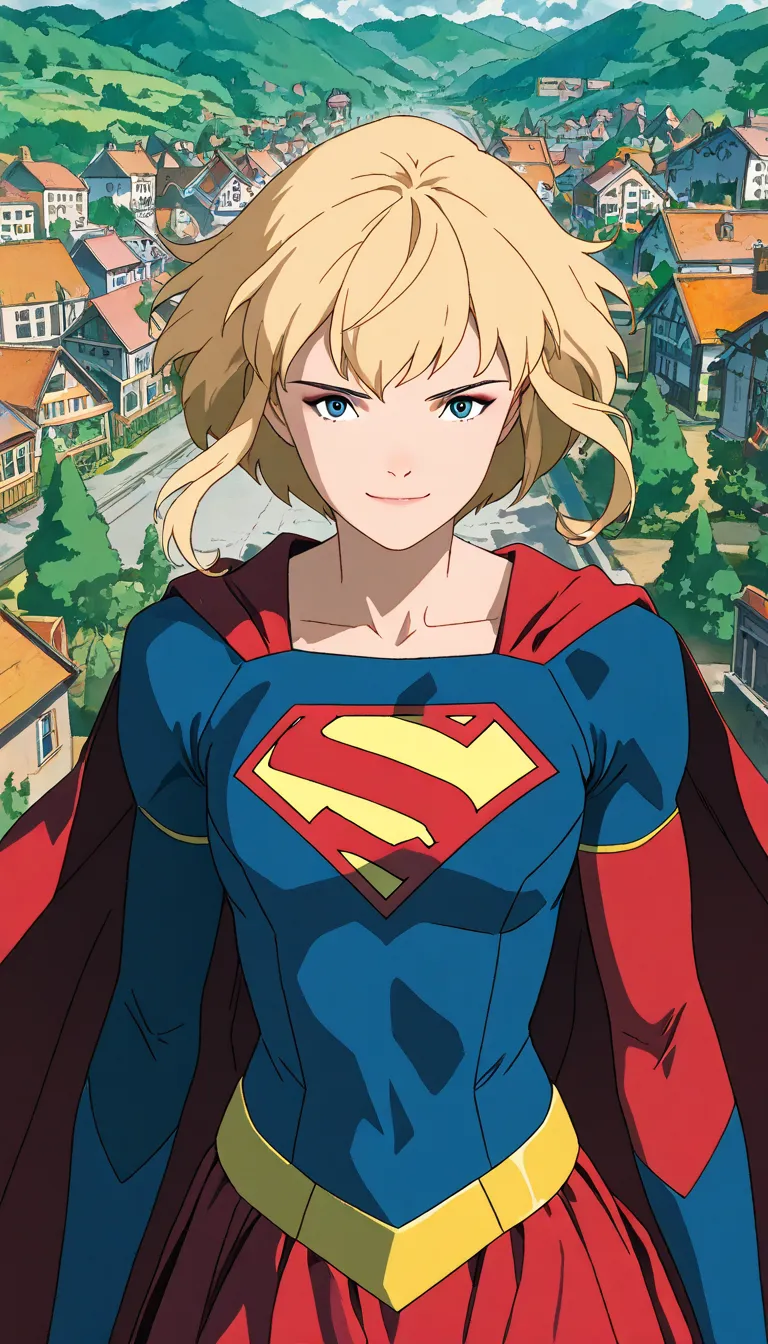 (1girl, supergirl_costume), (extremely detailed CG unit 8k wallpaper),(master part), (best quality), (ultra detail), (best illustration),(ghibli_style), cowboy shot, close up, standing, facing viewer, looking at viewer, perfect face, perfect eyes, perfect ...