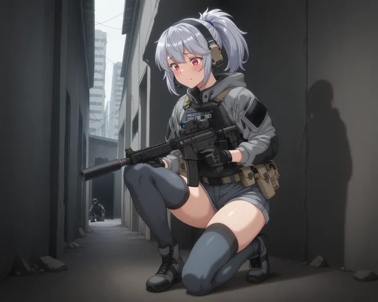 A tactical anime-style adult female soldier wearing tactical gear with a fleshy, glamorous figure。 with short silver hair tied in a ponytail with a navy hair band 、 red eyes。Anxious expression。equipped with black tactical armor over a gray hooded jacket、gr...