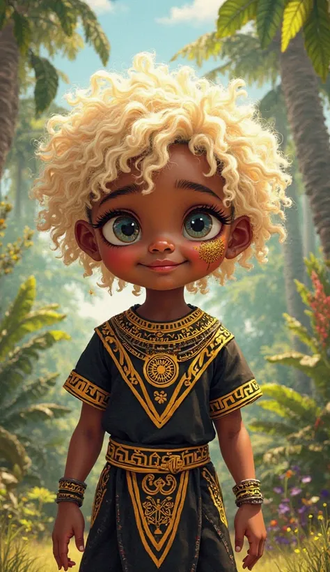 Create me an African little cute  with platinum blonde short curly hair with golden tribal mandala tattoo and African clothing in black gold with the Freecongo 