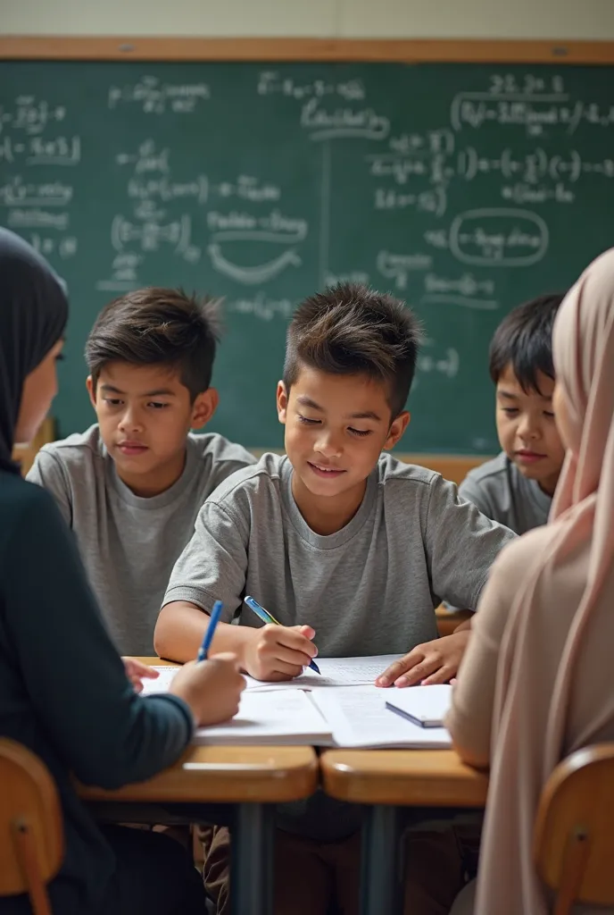 3 boys and 3 girls grupe studying in a classroom room the boys wearing a t shirt and the girls wearing a Burqa and skirts they studying physics and higher math formula 