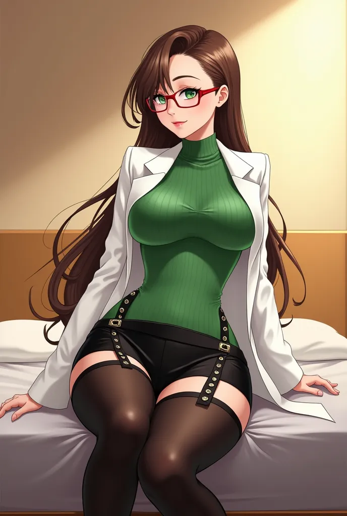 Adult woman has long brown hair, green eyes and red-rimmed glasses. She wears a tight green turtleneck sweater, a white coat , a black miniskirt and black tights with a garter belt. Her breasts are large and the background is simple, with warm lighting and...