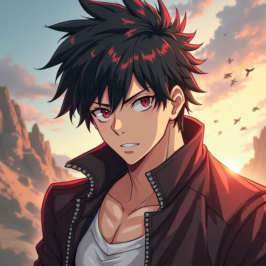 Male anime-style character , with slightly muscular bodies , Black-haired with some red highlights