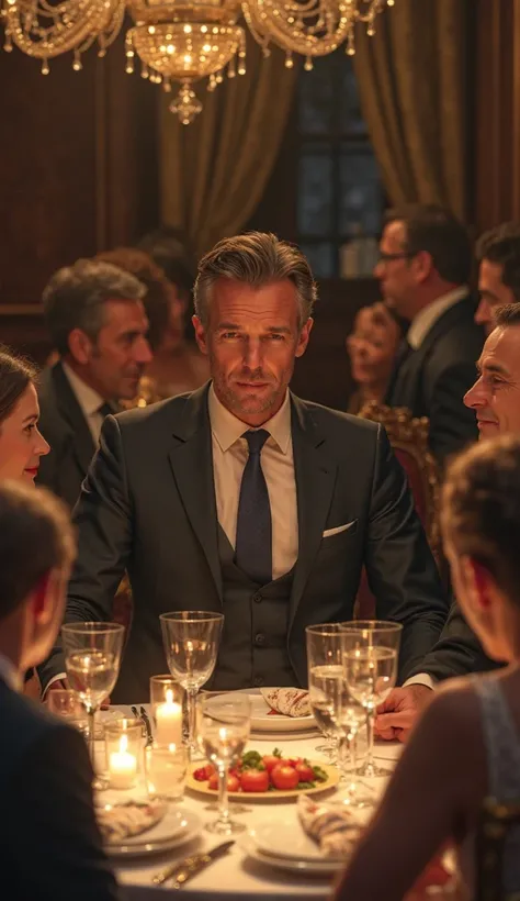 A confident man sitting at a dinner table, surrounded by people engaged in conversation. He listens más than he speaks, his presence commanding attention.