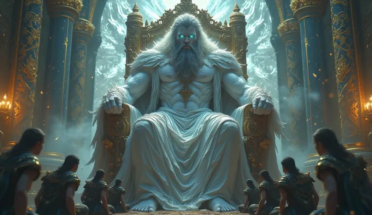 giant white skin light blue eyes black hair and beard and very muscular sitting on a throne pointing with people on their knees