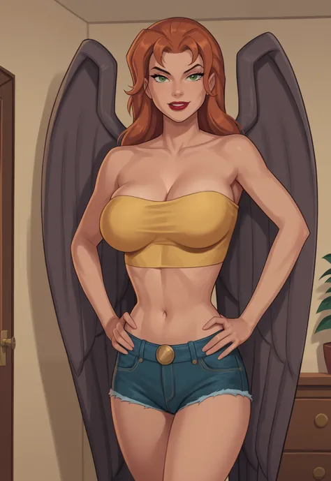 safe_pos, PonyXLV6_Scores BREAK ((retro artstyle, parody)), perfect anatomy, cowboy shot) shayera hol, wings, straight hair, green eyes, ((looking at viewer)), superhero, gold tube top, gold jean shorts, curvy, athletic, large breasts, standing, indoors,...
