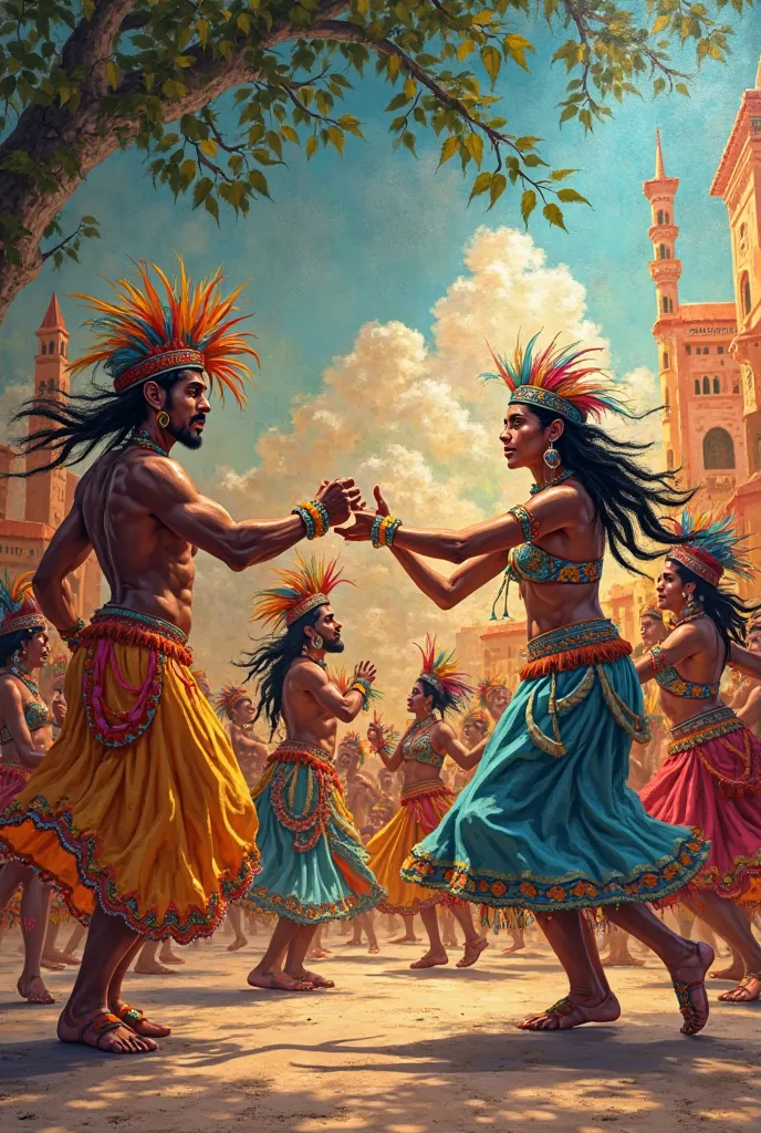 Pre-Hispanic dance mural with men and women for a preparatory school with different images 