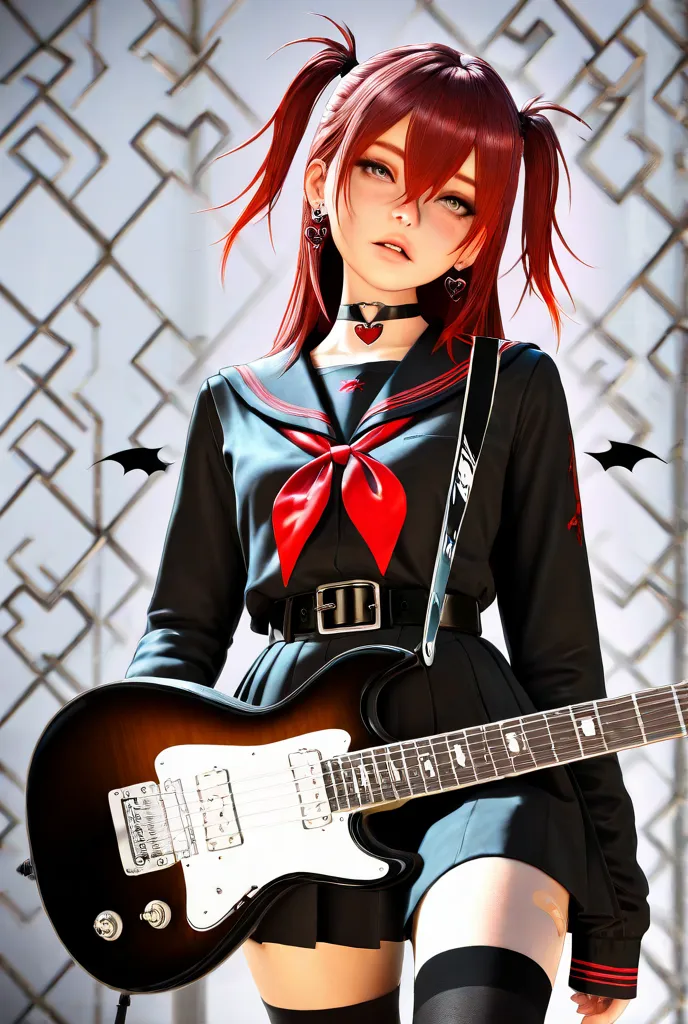 realistic, 3d, from_side,close-up, 1girl,cute face,black serafuku,black_thighhighs,two side up,hair between eyes,black choker,heart choker,earrings,hair behind ear,bandaid,sleeve past wrists,skirt,belt buckle,head tilt,parted lips, electric_guitar, ,master...