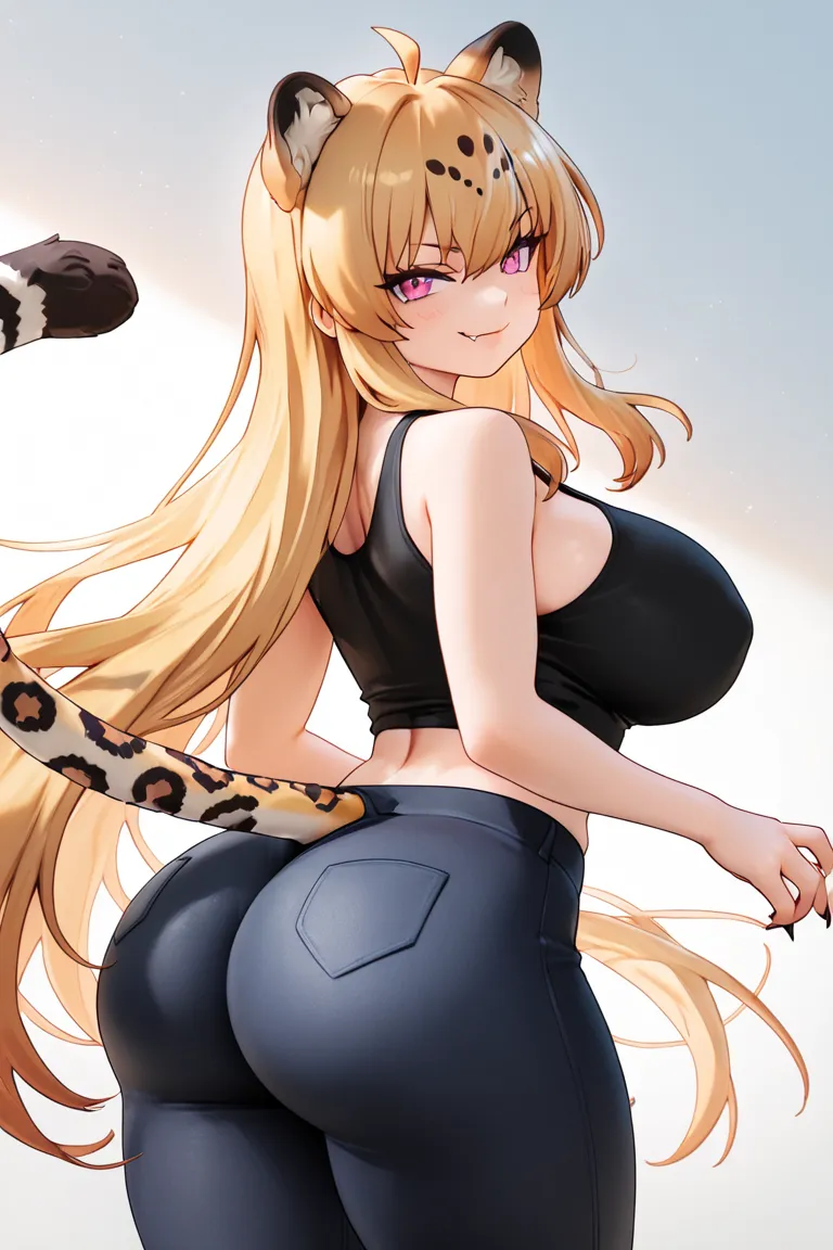 1girl, Very Long Hair, Jaguar Ears, Jaguar tail, smirk tease, Large breasts, Large butt, BRIGHT PINK Eyes, she's wearing a tight black tank top and black shirts which are pretty short. She's 5'5 tall, super tease, cute, adorable, beautiful, sharp claws, cu...