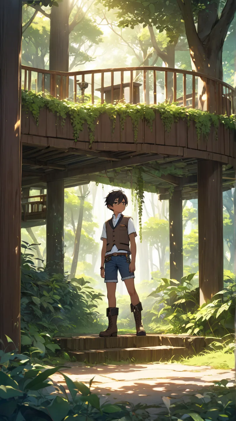 Black haired boy ，dark skin，Flat chest， vest， Bare Waist ，denim shorts，thigh，boots，high resolution,  Best Quality , Small individuals， stands，full body，tree house，Sunlight，front