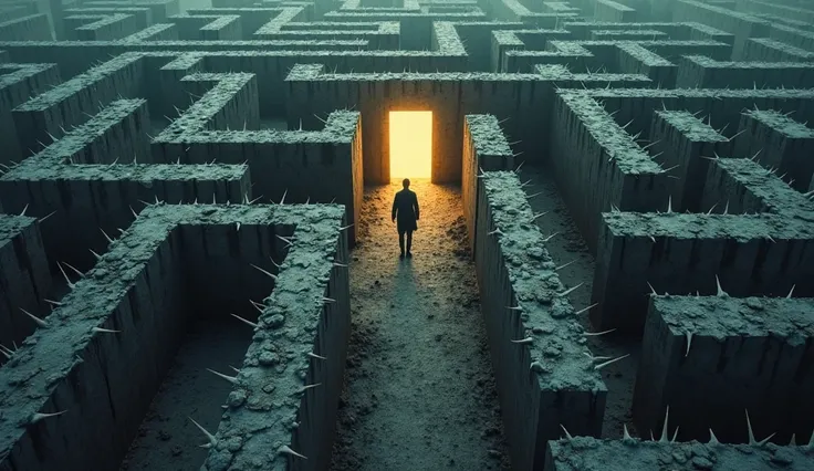 A labyrinth with many dead ends, where a figure is trying to force their way out but is stuck. The maze walls are made of thorns or jagged edges, representing emotional pain. In the center, a small glowing door symbolizes the idea that only by facing the p...