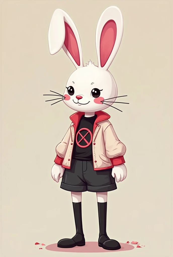 Make an anthropomorphic white rabbit that wears a black long sleeve blouse, over that blouse he wears a pink white shirt with a symbol of forbidden (red) , And a tall black sock (at thigh height) with Cartoon style,  cartoon