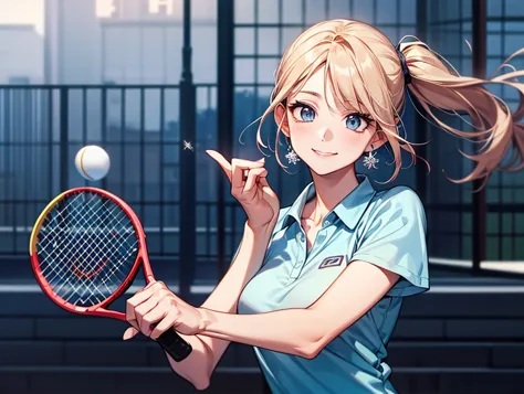  Japanese, a woman with a tennis racket(1.4) facing camera(1.2) and has a slightly larger bust (1.2) staring at the camera (1.0) I enjoy playing tennis(1.3) miniskirt(1.3) and the background is a tennis court 、 amazing in the online photos .,  long eyelash...