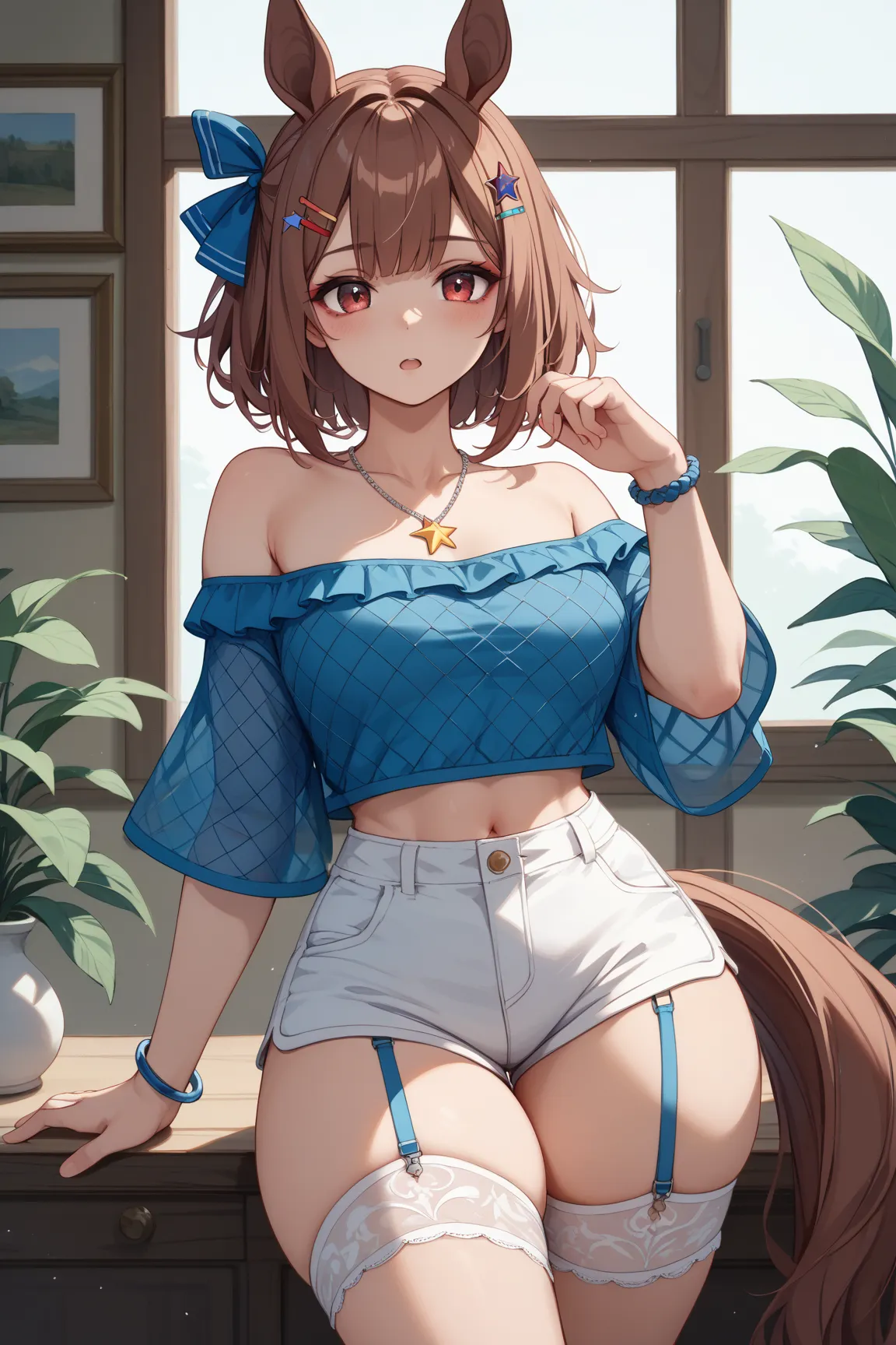 1 girl、 reddish brown hair bouncing sideways、(blue mesh hair)、 star-shaped hairpin with bangs split to the right、 gal、 horse ears、((blue off-the-shoulder clothes))、(( White Hot Pants))、((white shorts))、square necklace、fluorescent light blue ribbon garter r...