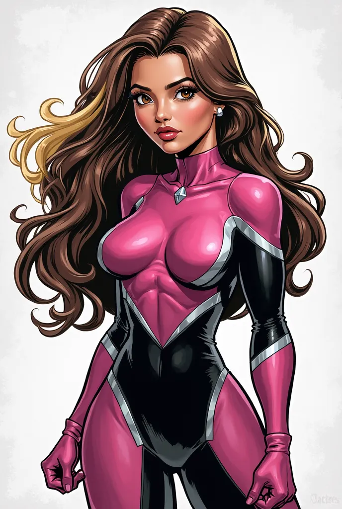 Marvel style comic panel,  girl, Latina, ager, long wavy brown hair with a blonde streak on the left side, rounded dark brown eyes, pink, black and white hero costume, serious expression, full body, looking sideways