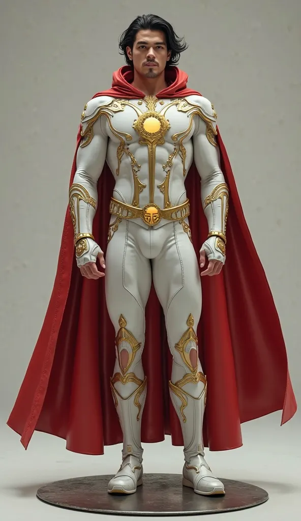 Full body photorealistic handsome hunky young slender futuristic male hero with black hair wearing a white and gold costume, with stylized I embosed in his chest and. With red leather cape,,wristbands that can manipulate energy ,,,super Bulge. Standing on ...