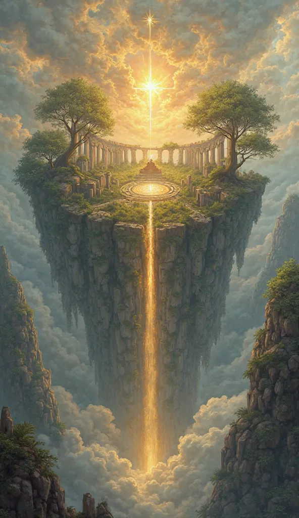 Here's a **detailed prompt** in style **light fantasy**, inspired by the aesthetic of  ** Elden Ring**, with an approach of **OIL PAINTING**:  

**Prompt:**  
"A colossal island floats among the clouds, suspended in the infinite sky, with golden waterfalls...