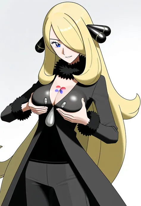  score_9,  score_8_up,  score_7_up,  anime、
 1girl ,  Cynthia \( Pokémon\), blond hair,  hair over one eye , very long hair,  gray eyes,  eyelashes, hair ornaments close to the garden,
black coat, black shirt,   Fur Trim Coat  , fur collar,  Long Sleeve,co...