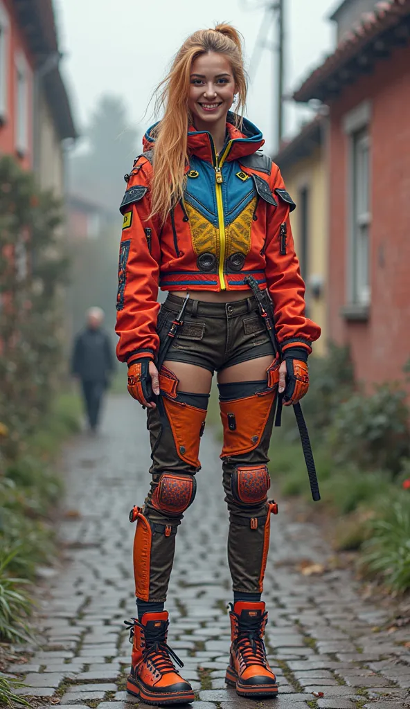 "Polish Silesian" young woman in a (colorful cyberpunk-2077/cyber dress), the background is a old polish city Ruda Śląka landskape of , full-body view from head to feet. The character is happy and is smiling.