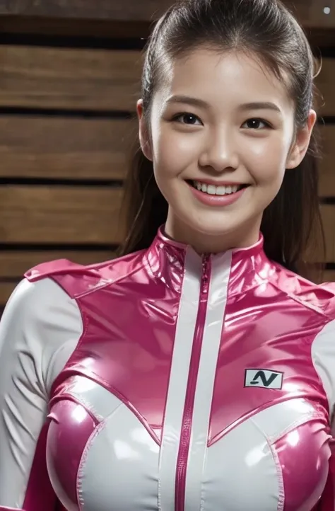 Pink Power Range Lemel、realistic,  Shiny Dark Pink and White Clothes、 Power Rangers bodysuit 、professional photography、does not reveal skin, Japanese Models,No exposed skin、Thick body, smile、Colossal 、 dark-haired、 sauna、Sweaty face、wet hair